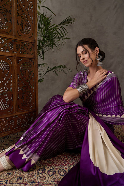 Purple Printed Satin Gaji Silk Saree 