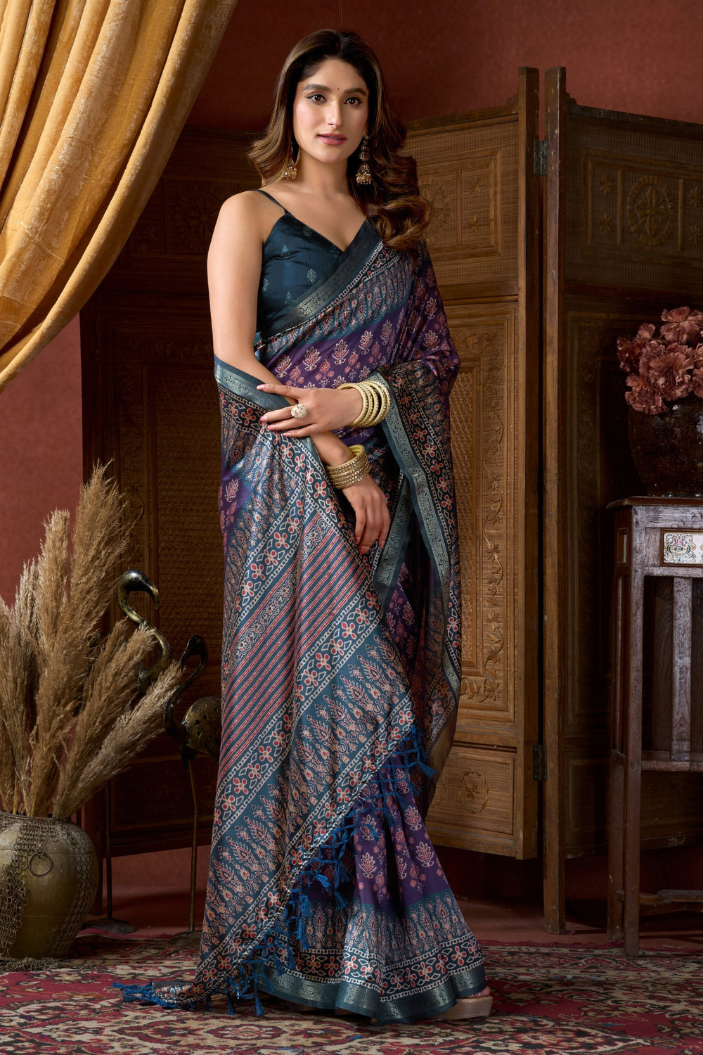 Purple Pure Cluster Silk Ajarkh Digital Printed Saree ##color## Floral Printed Saree with premium fabric and embroidery