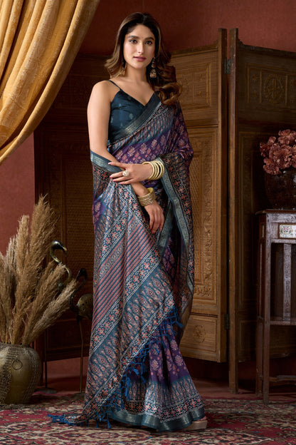 Purple Pure Cluster Silk Ajarkh Digital Printed Saree 
