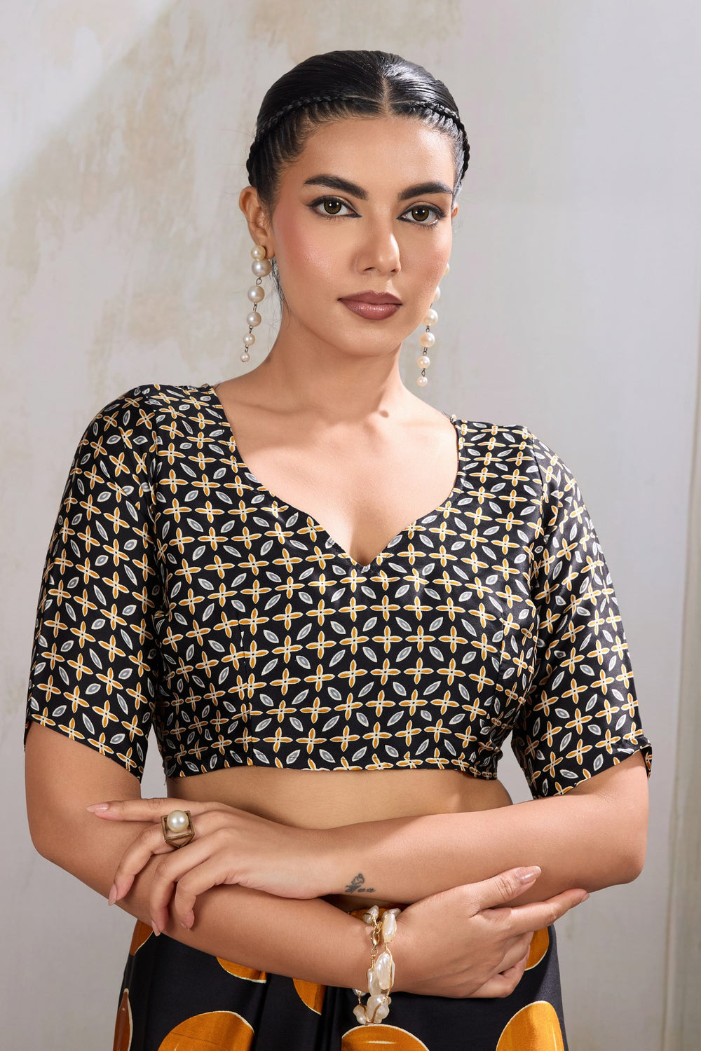 Orange Printed Polka Dots Satin Crepe Saree 