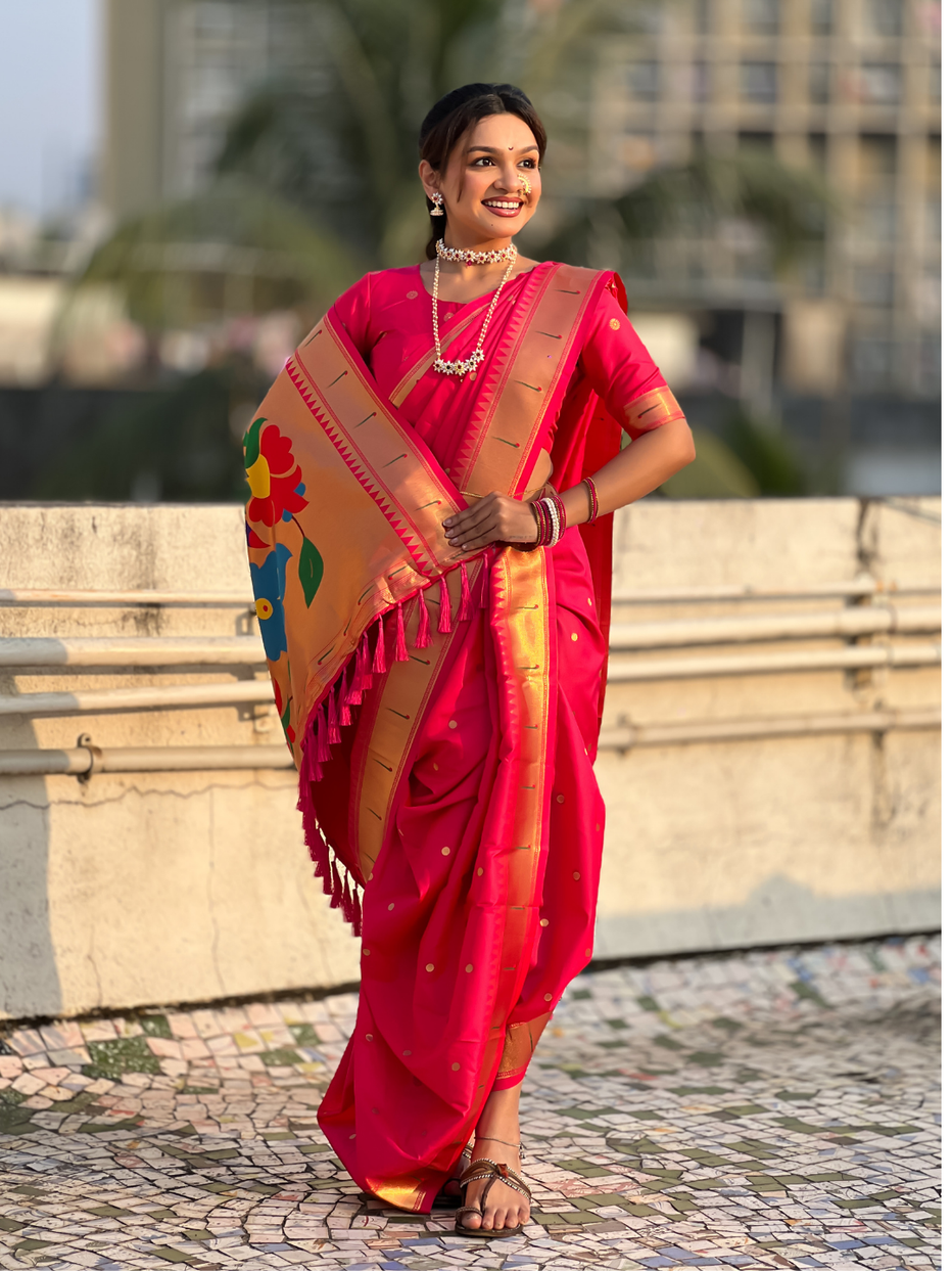 Pink Wedding Special Nauvari Paithani Soft Silk Saree 