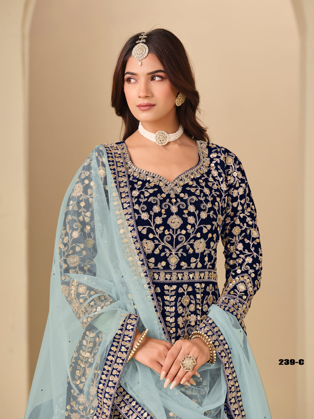 Blue Pure Soft 9000 Velvet Heavy Embroidery Work Long Anarkali Gown 