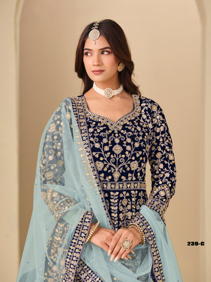 Blue Pure Soft 9000 Velvet Heavy Embroidery Work Long Anarkali Gown 