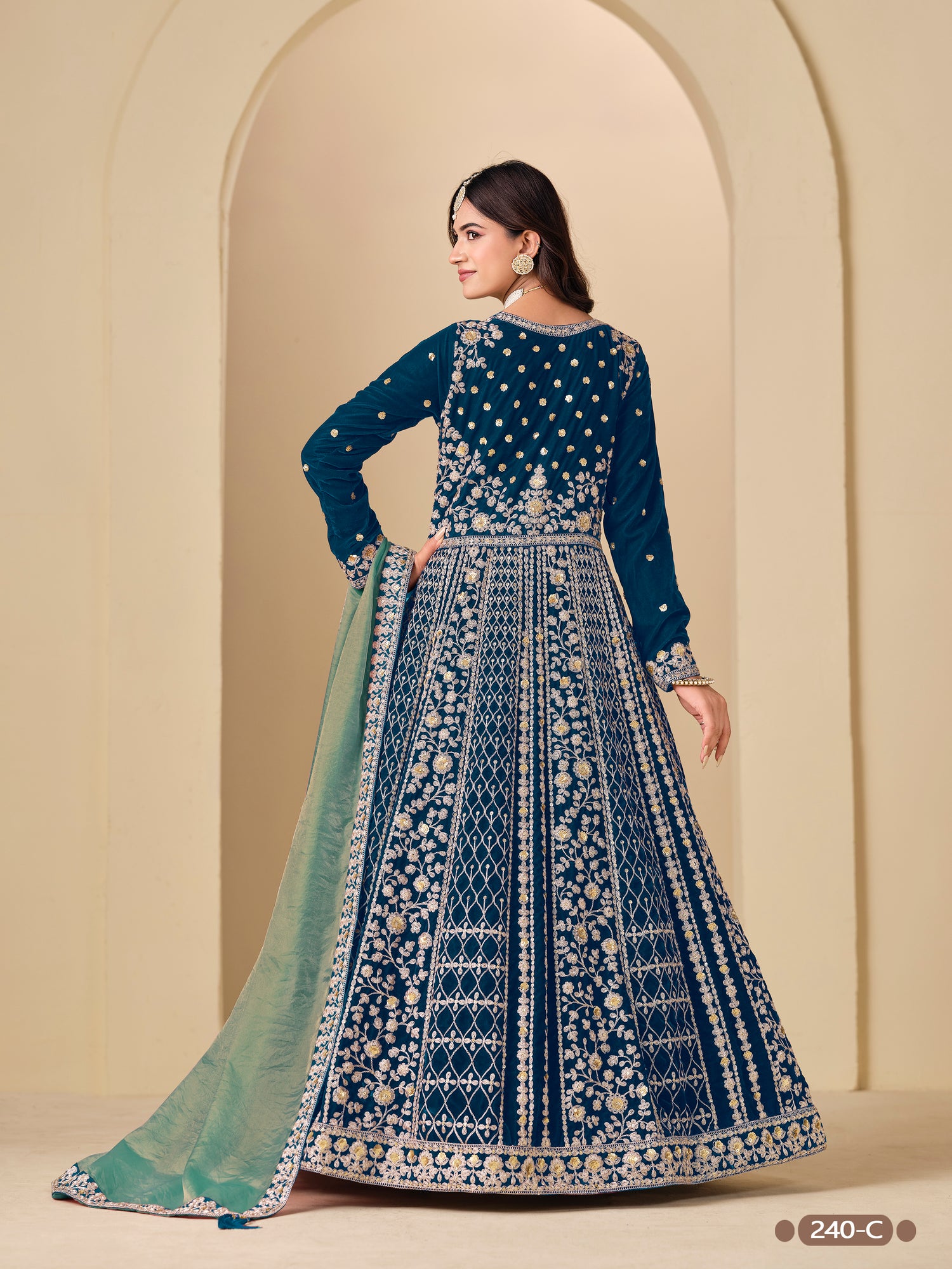 Blue Pure Soft 9000 Velvet Heavy Embroidery Work Long Anarkali Gown 
