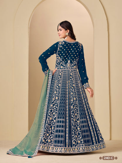 Blue Pure Soft 9000 Velvet Heavy Embroidery Work Long Anarkali Gown 