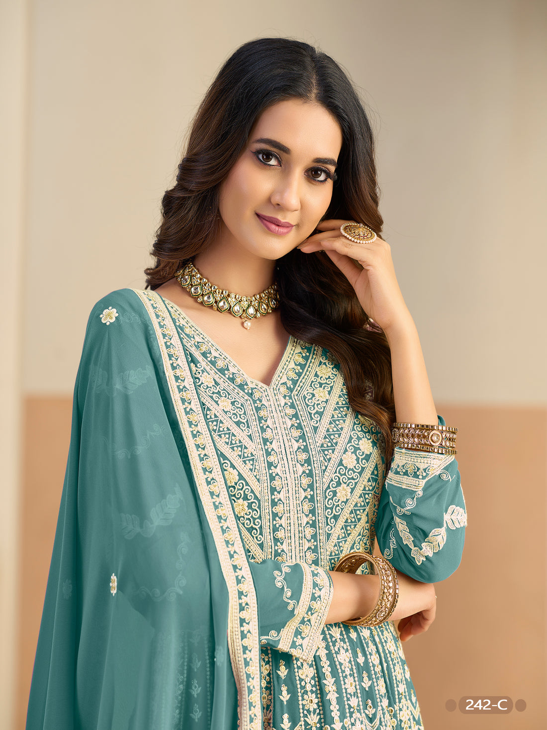 Pastle Teal Pure Soft Faux Georgette Heavy Embroidery Work Long Anarkali Gown 
