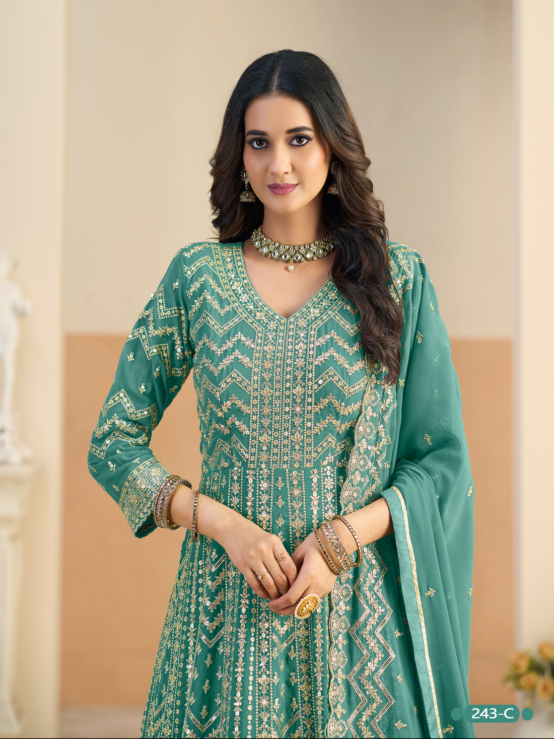 Pastle Teal Pure Soft Faux Georgette Heavy Embroidery Work Long Anarkali Gown 