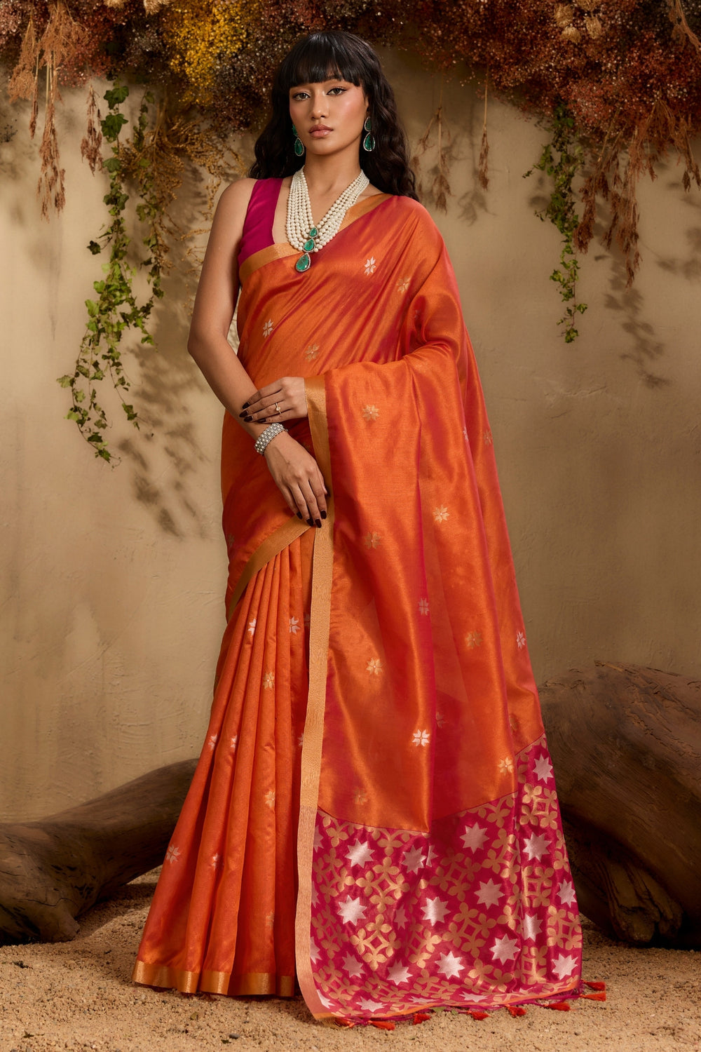 Orange Pure Tussar Handloom Silk Saree 