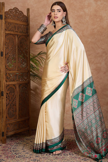 Cream and Green Pure Soft Modal Satin Ajrakh Print Satin Saree Japan Satin Saree Anant Tex Exports Pvt.Ltd..