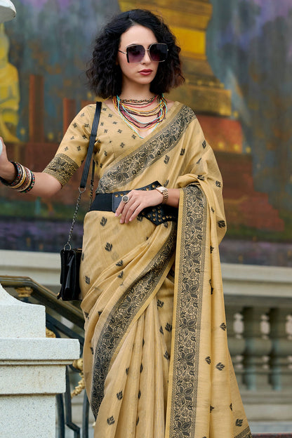Butter Cream Pure Tussar Linen Handloom Silk With Weaving Silk Saree 