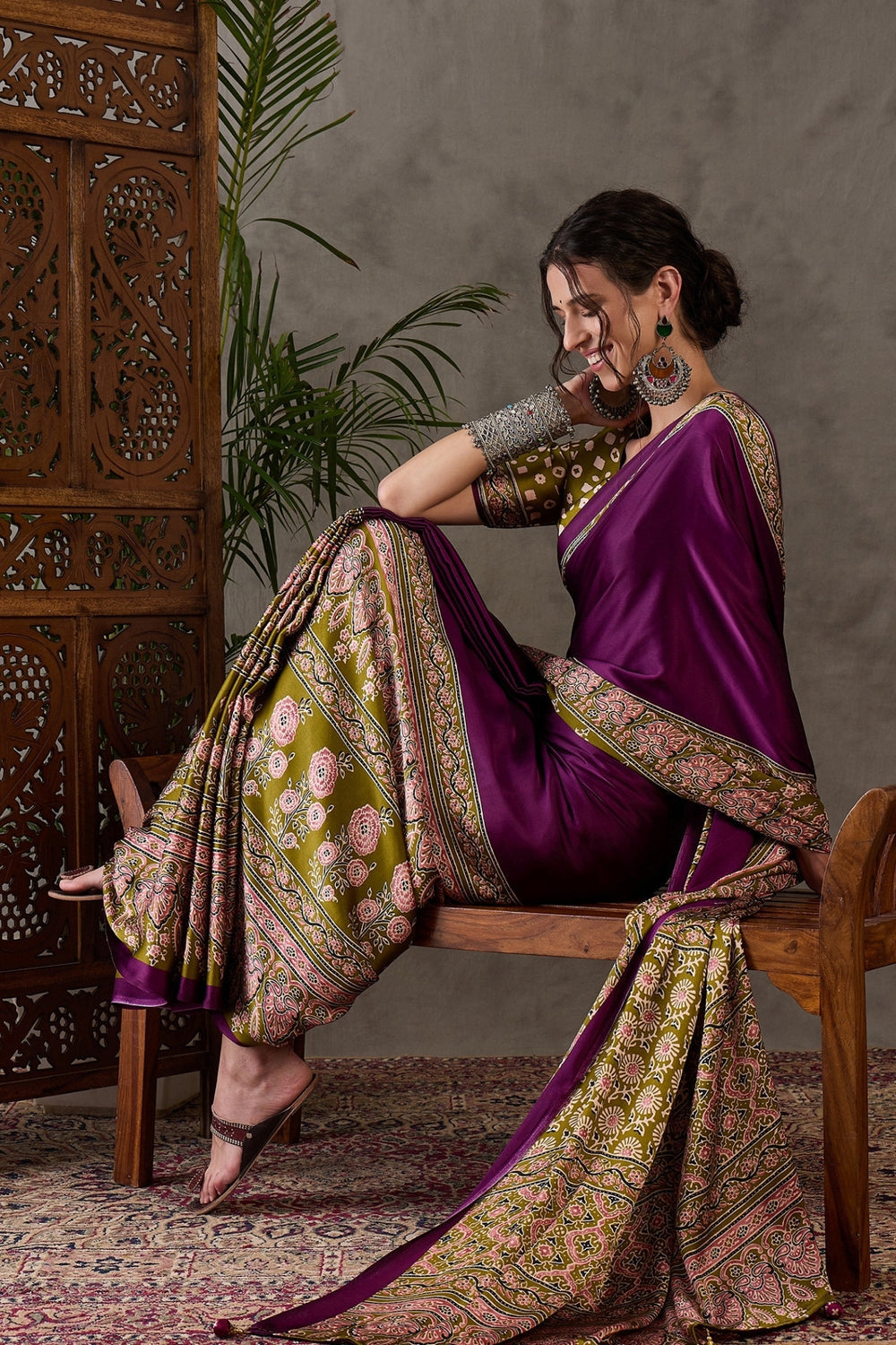 Berry Purple Pure Soft Modal Satin Ajrakh Print Satin Saree Japan Satin Saree Anant Tex Exports Pvt.Ltd..