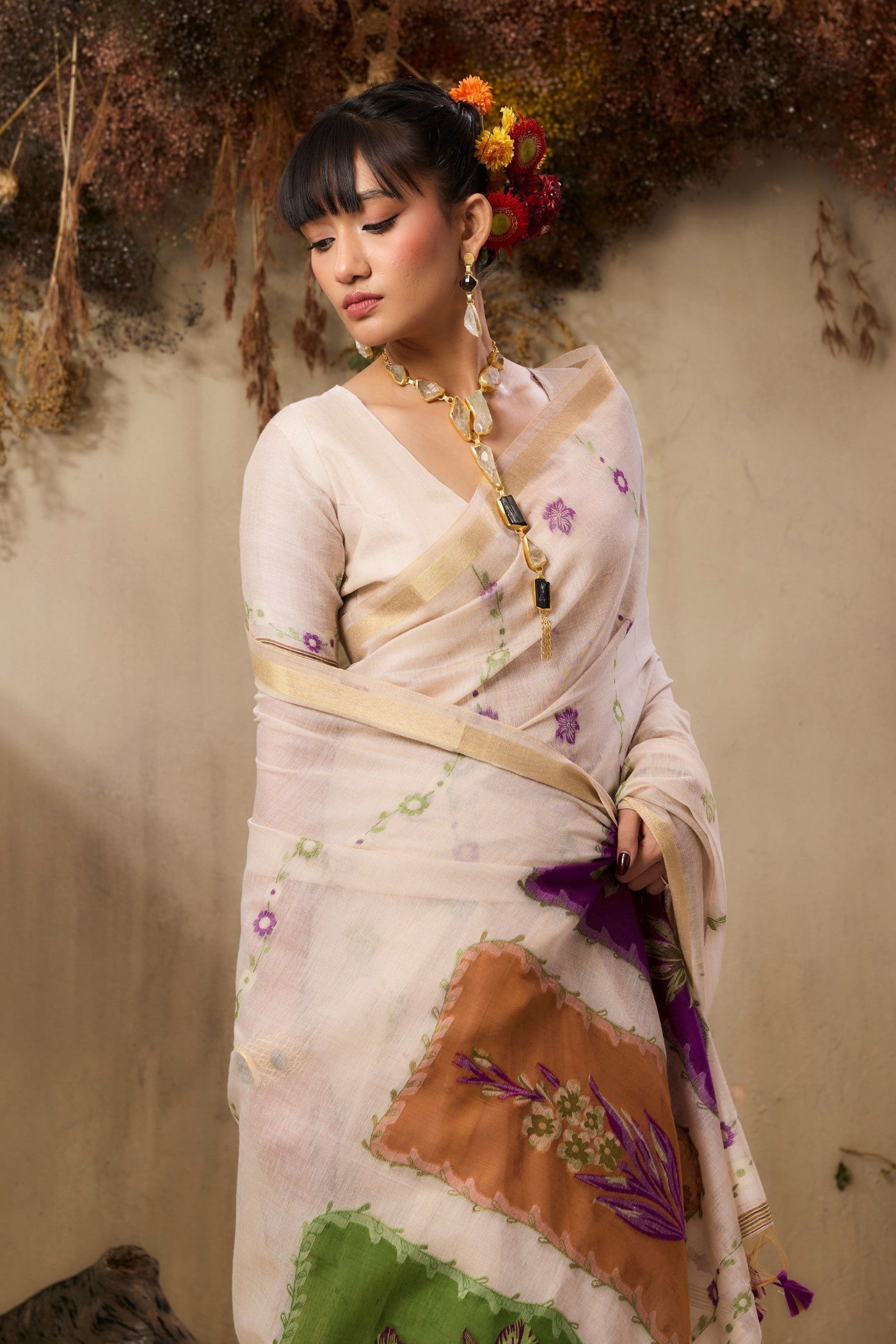 Cream Pure Soft Handloom Muga Cotton Saree 