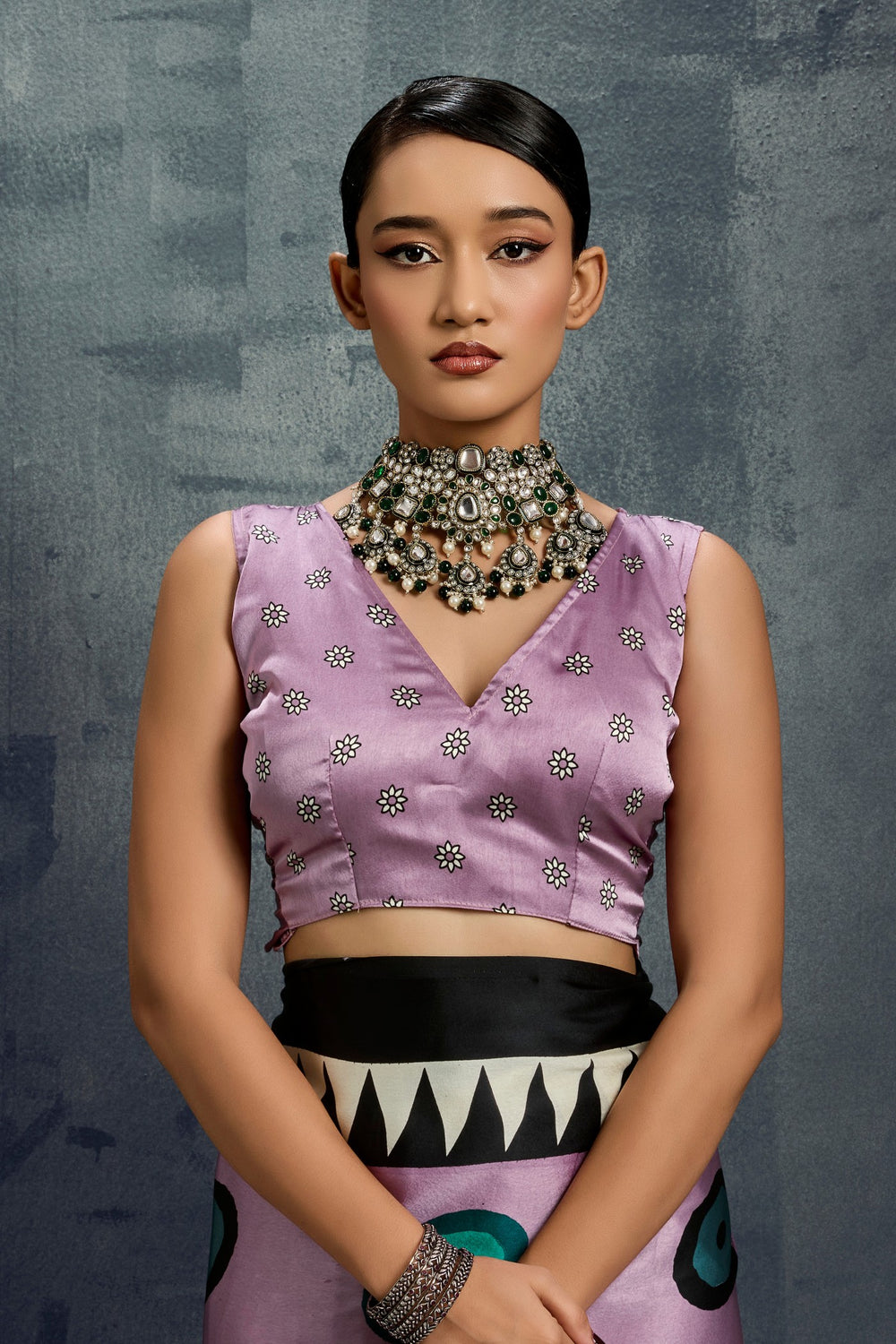 Thistle Purple Ajrakh Printed Satin Crepe Silk Saree ##color## Japan Satin Saree with premium fabric and embroidery