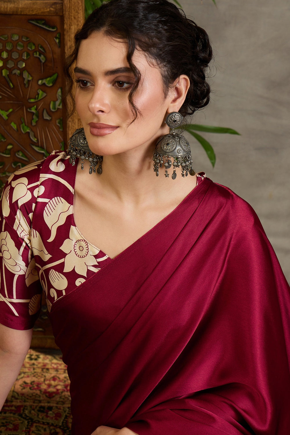 Maroon Kalamkari Printed Satin Silk Saree ##color## Floral Printed Saree with premium fabric and embroidery