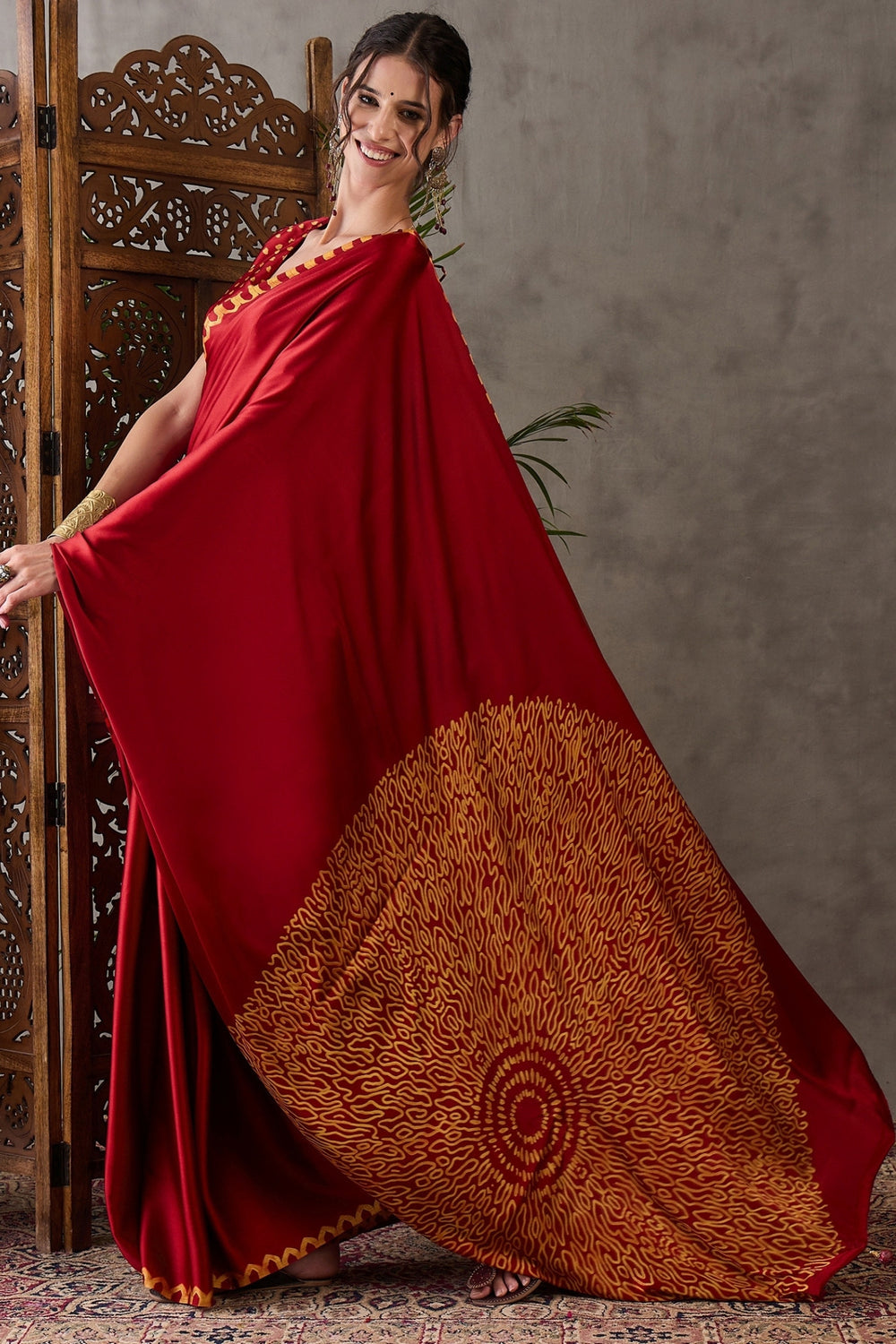Red Pure Gaji Silk Satin Printed Saree 