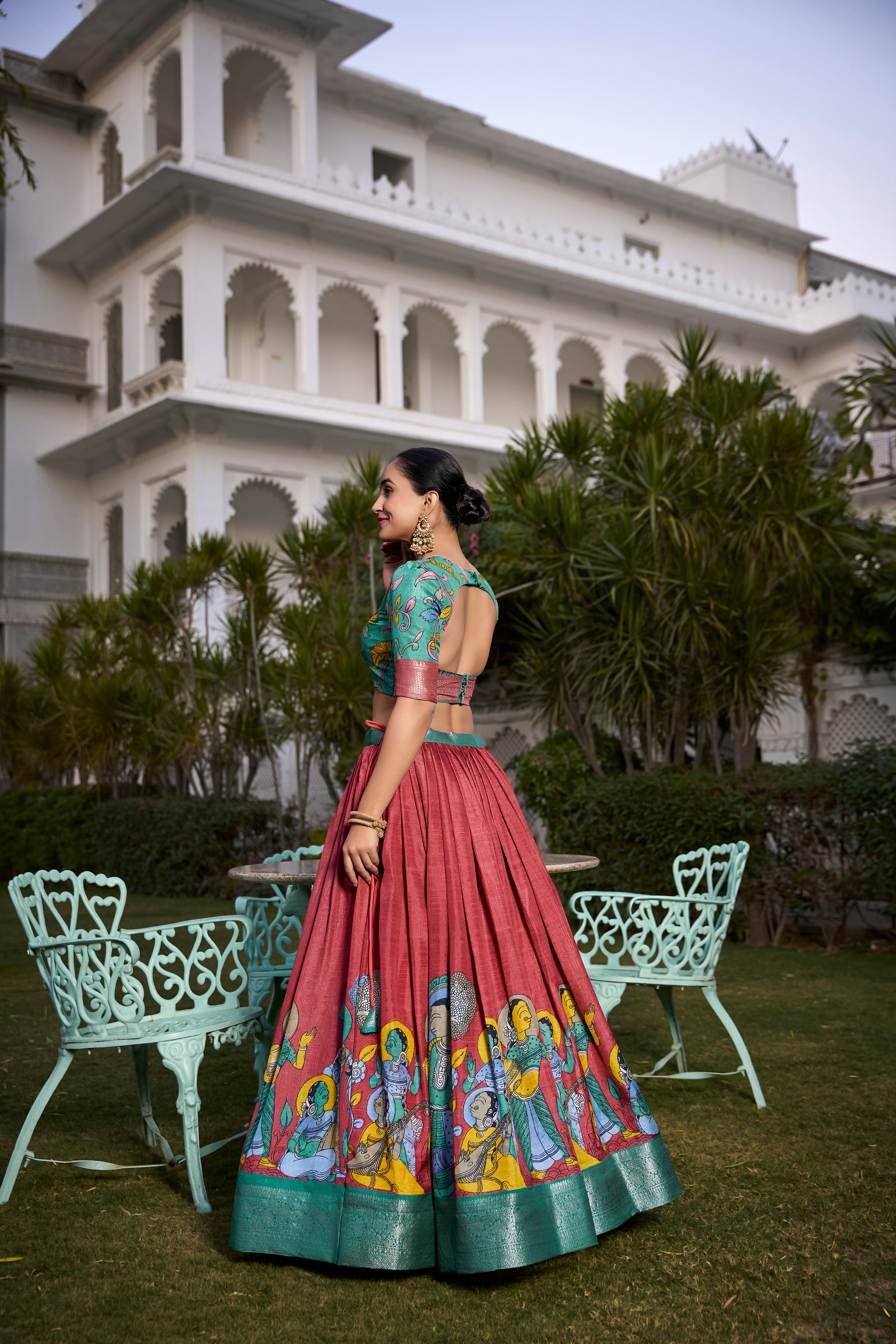 Firozi Pure Dola Silk Kalamkari Print Lehenga Choli