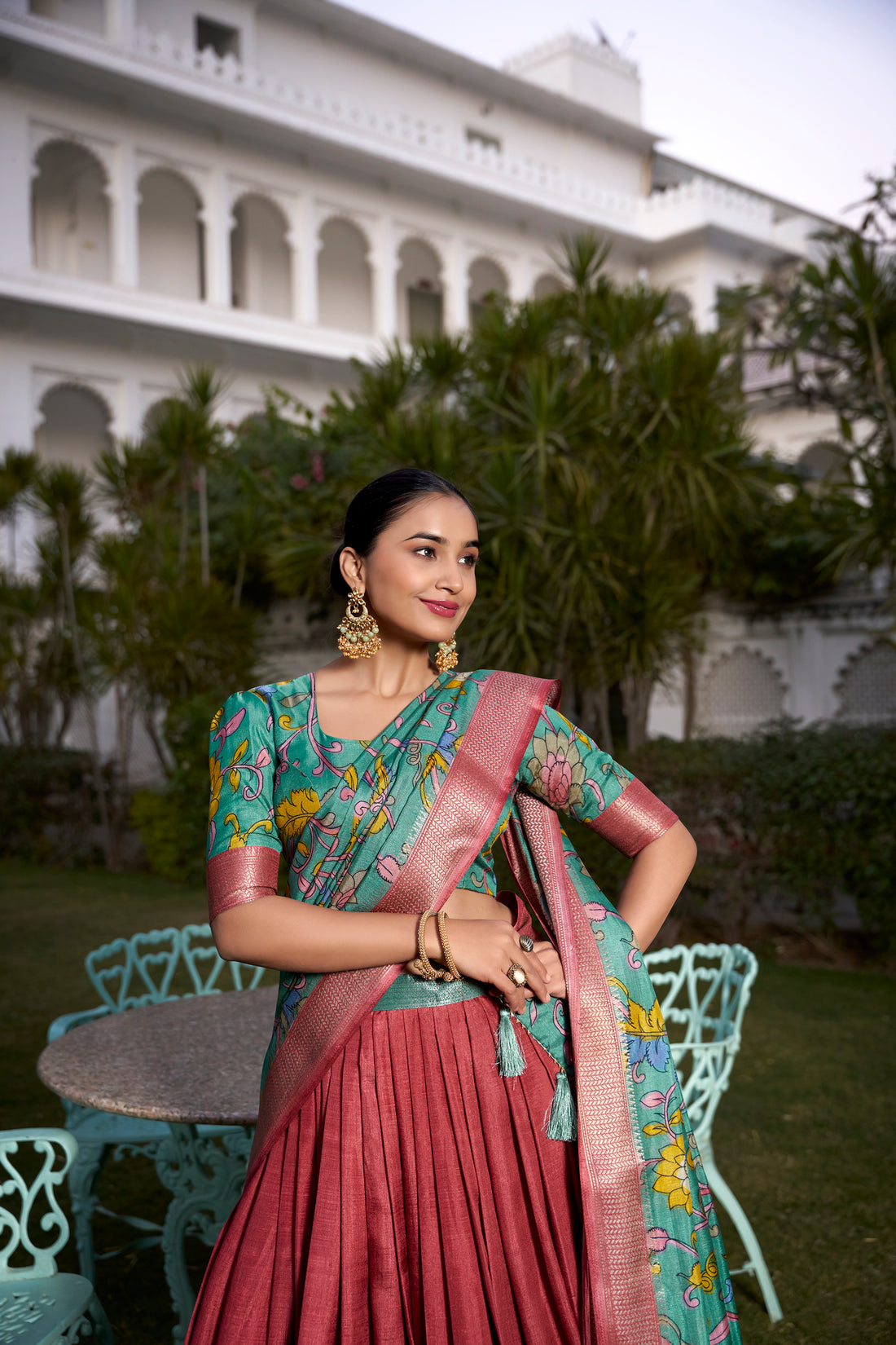 Firozi Pure Dola Silk Kalamkari Print Lehenga Choli