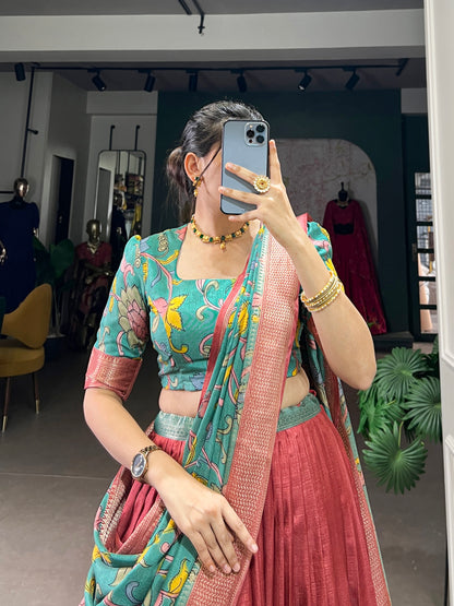 Firozi Pure Dola Silk Kalamkari Print Lehenga Choli