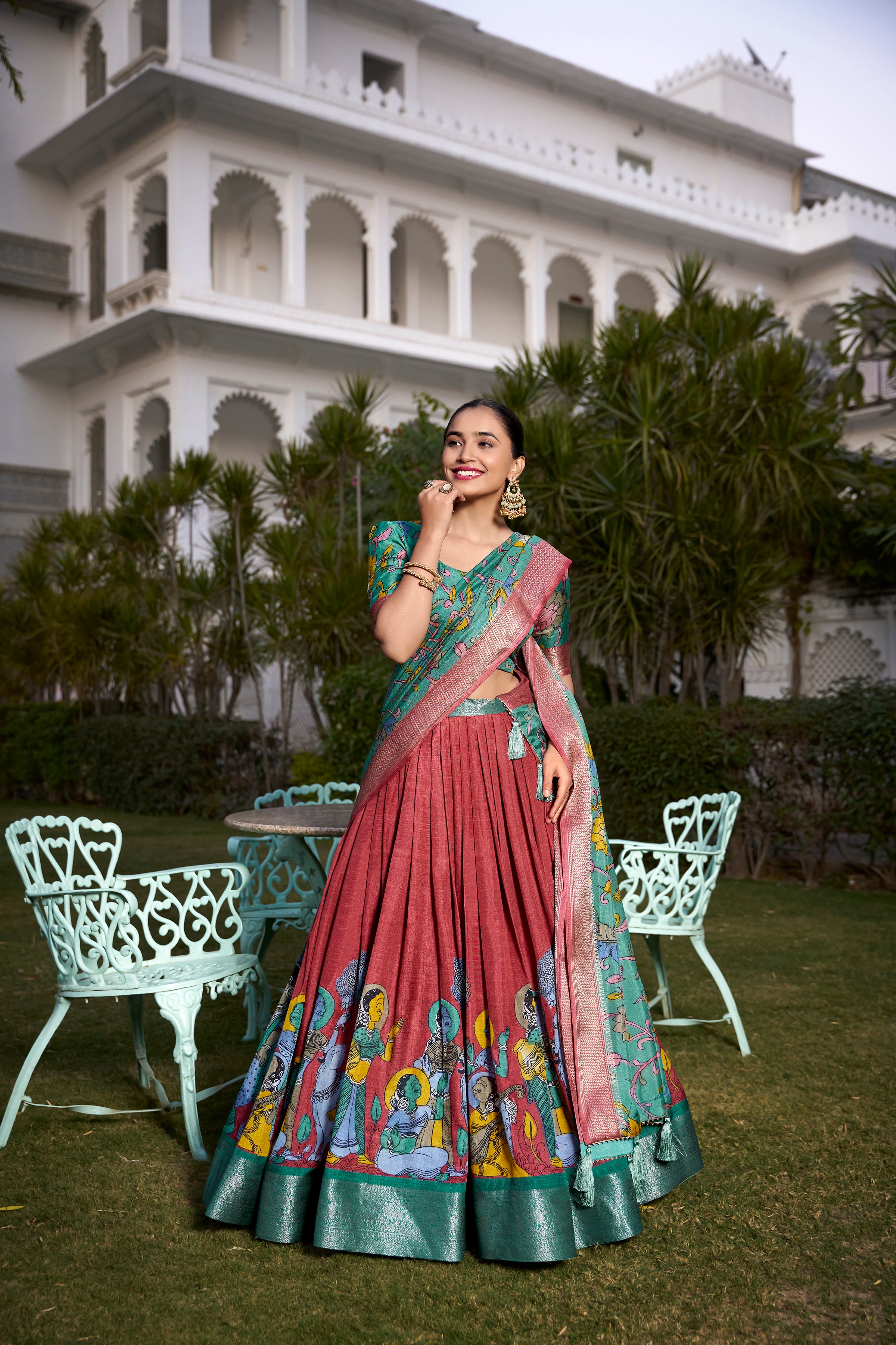 Firozi Pure Dola Silk Kalamkari Print Lehenga Choli