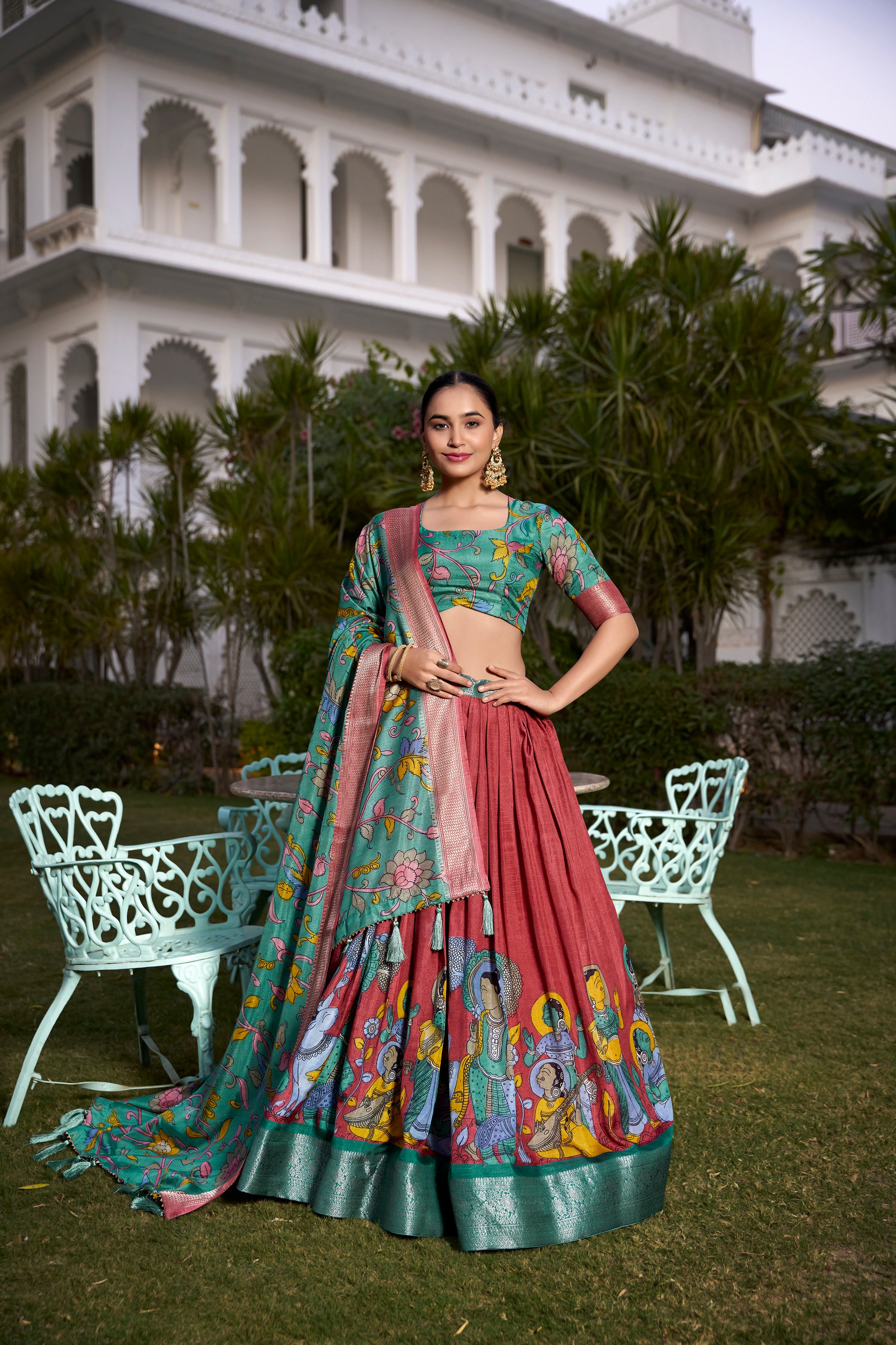 Firozi Pure Dola Silk Kalamkari Print Lehenga Choli