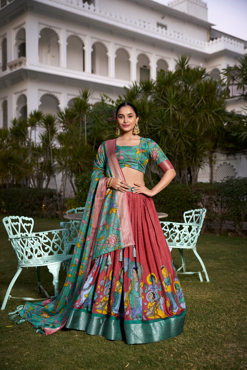 Firozi Pure Dola Silk Kalamkari Print Lehenga Choli