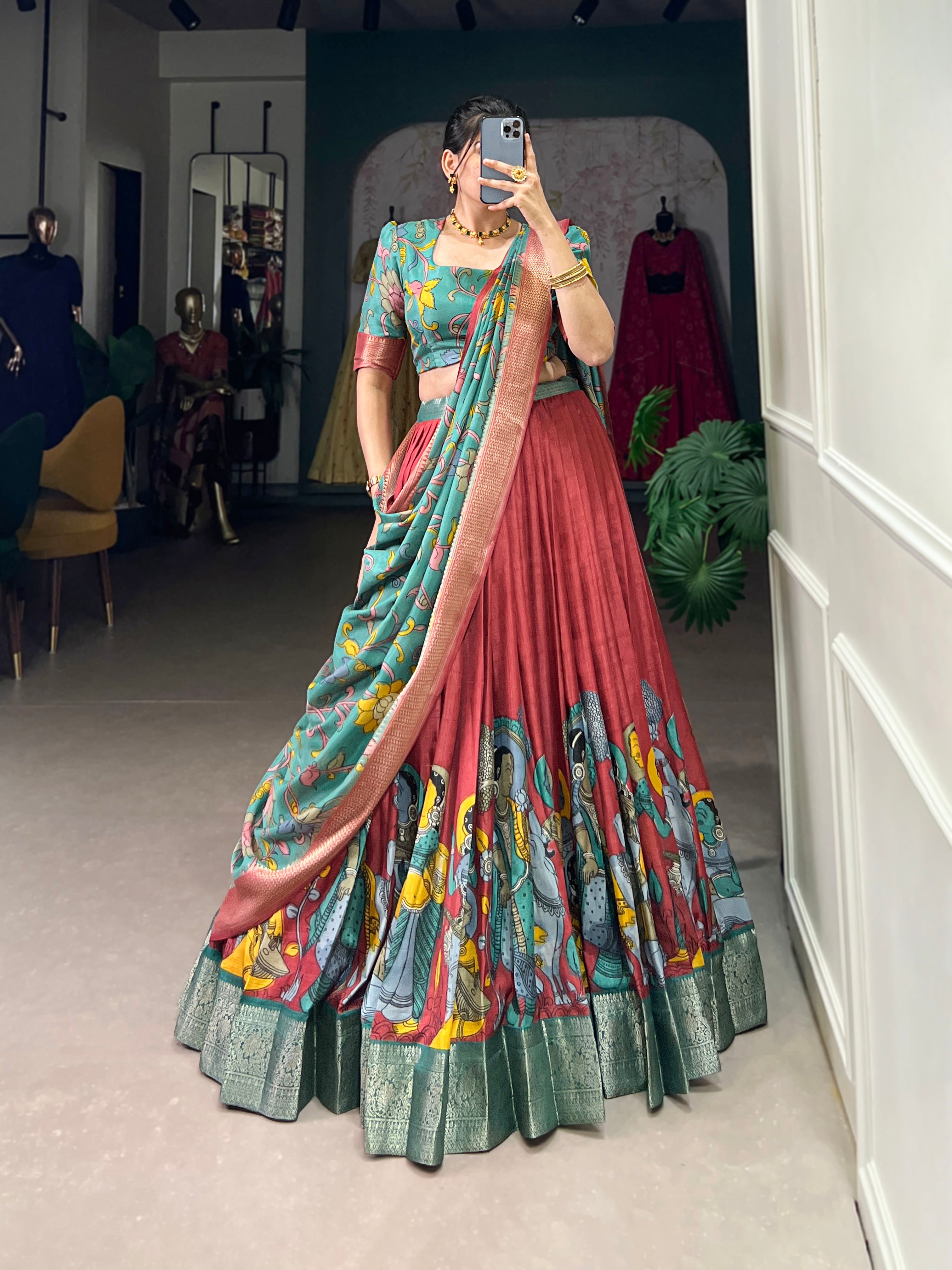 Firozi Pure Dola Silk Kalamkari Print Lehenga Choli