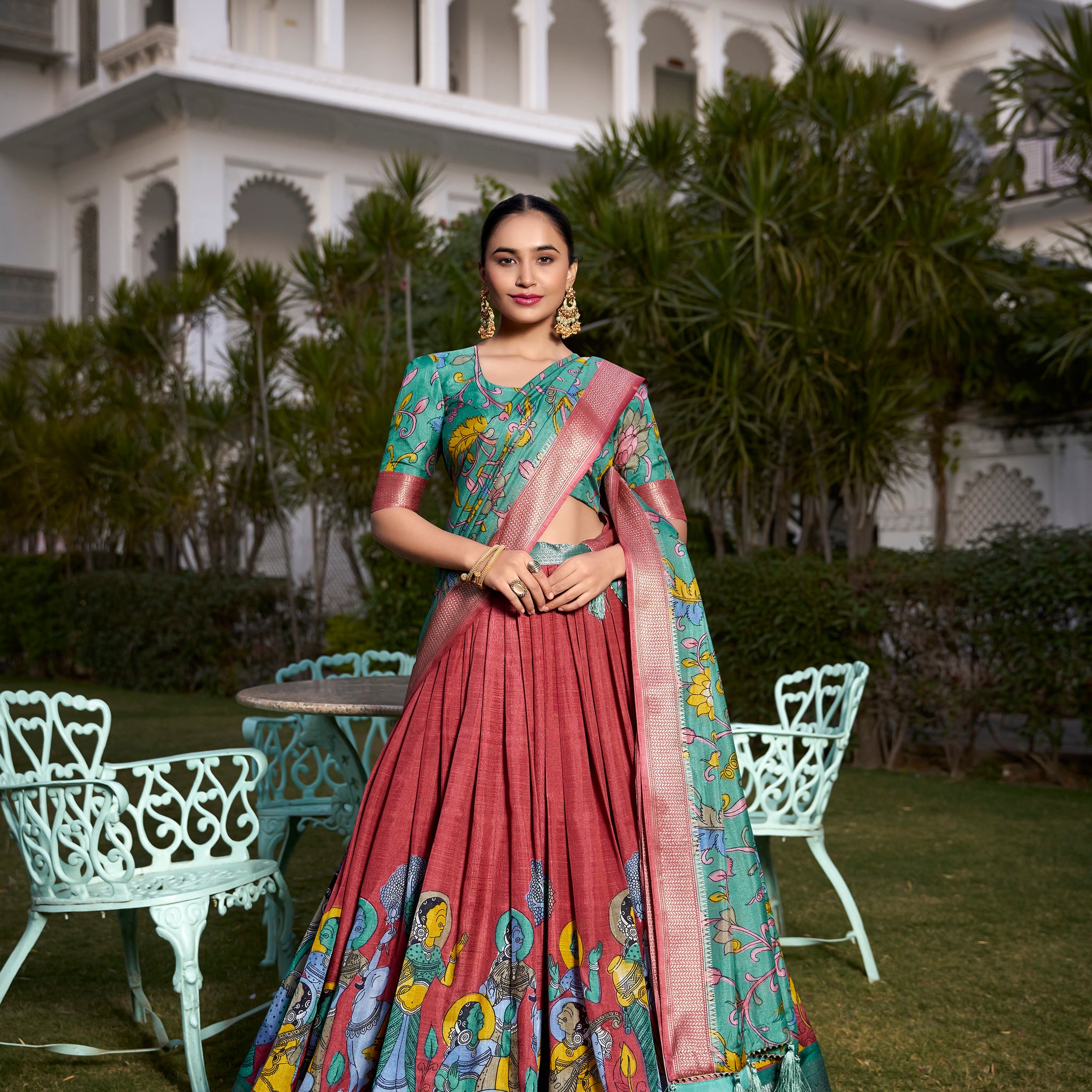 Firozi Pure Dola Silk Kalamkari Print Lehenga Choli