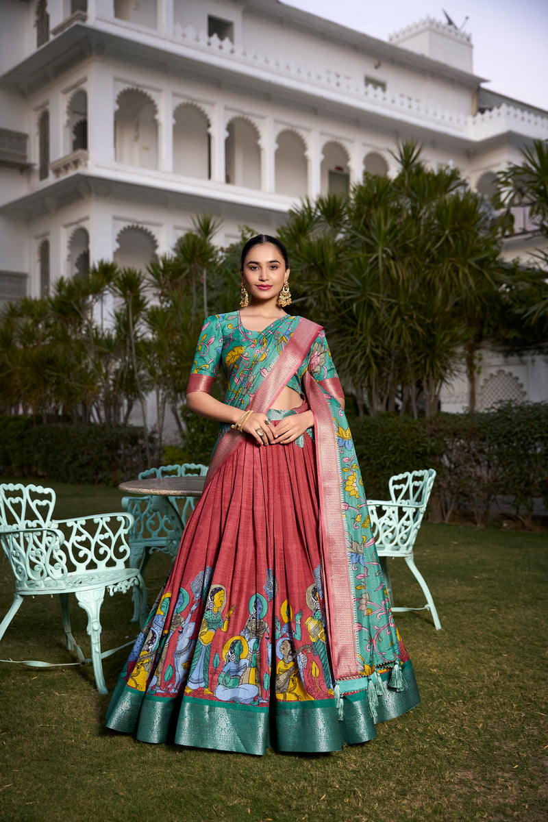 Firozi Pure Dola Silk Kalamkari Print Lehenga Choli