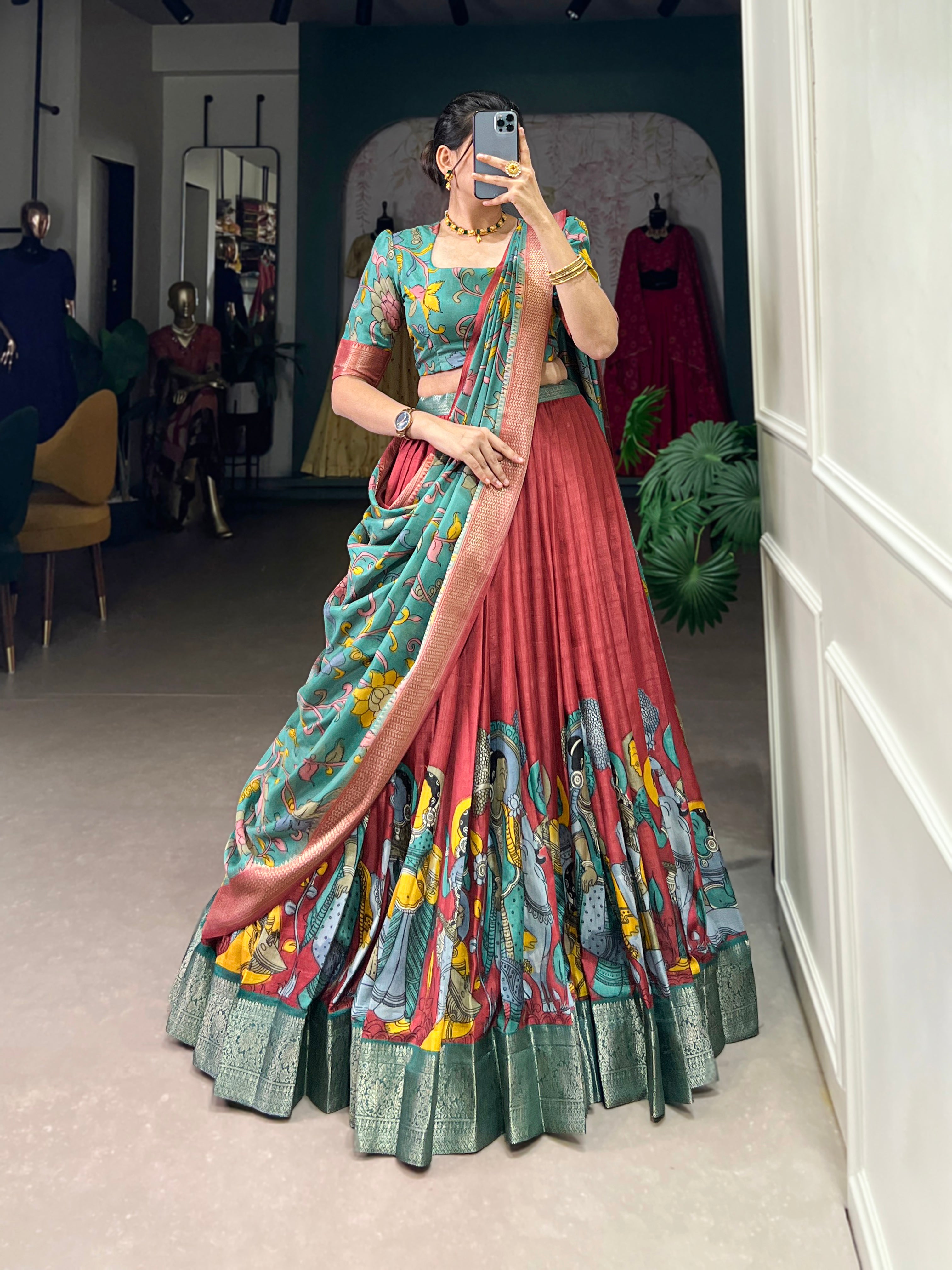 Firozi Pure Dola Silk Kalamkari Print Lehenga Choli