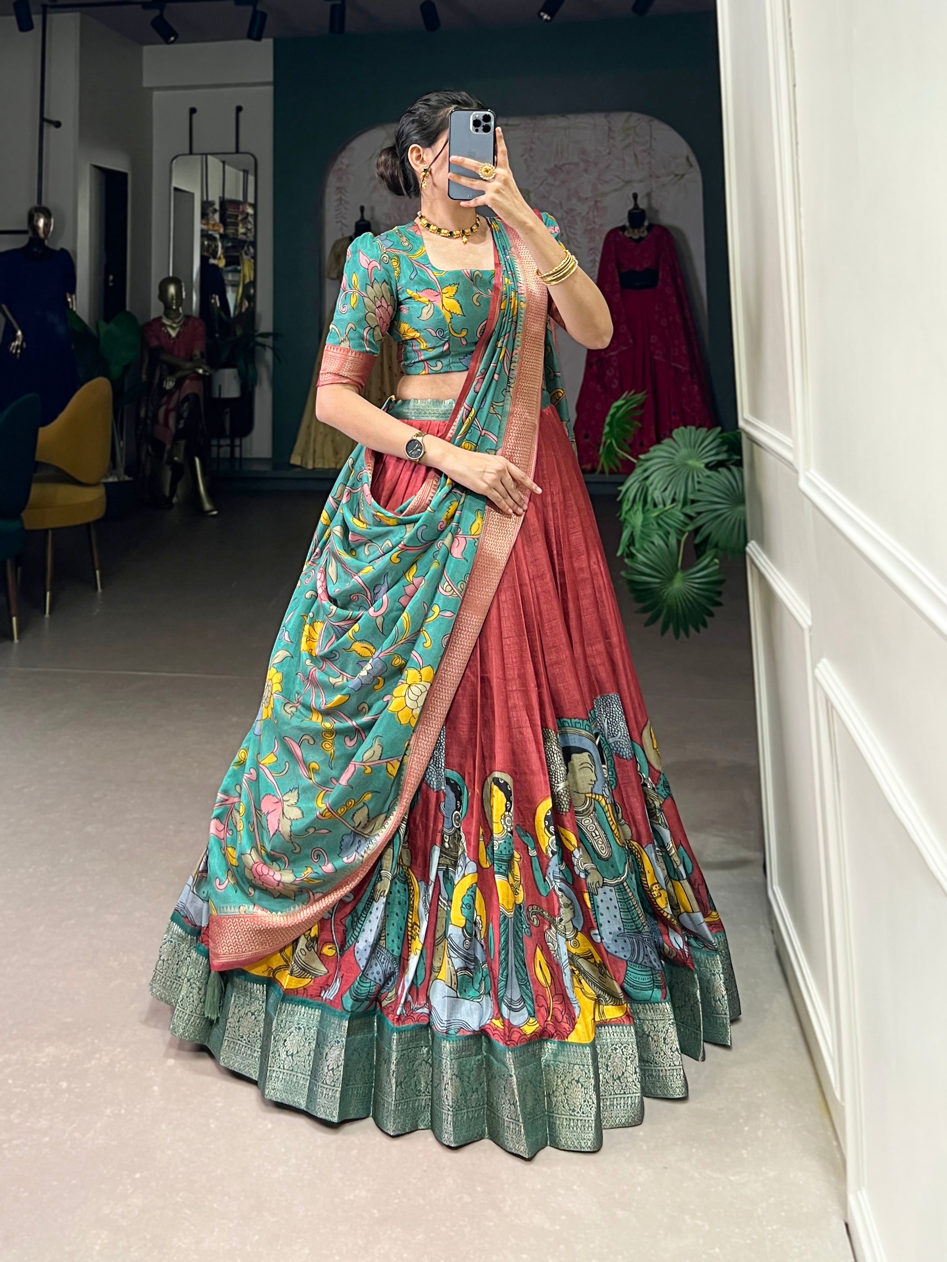 Firozi Pure Dola Silk Kalamkari Print Lehenga Choli
