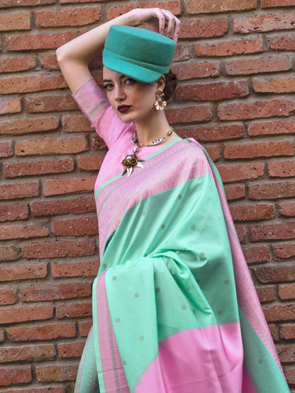 Mint Green and Pink Banarasi Handloom Banarasi Saree 