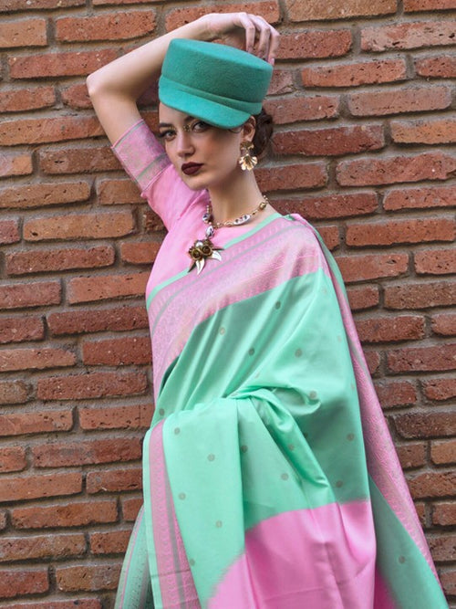 Mint Green and Pink Banarasi Handloom Banarasi Saree ##color## Patola Saree with premium fabric and embroidery