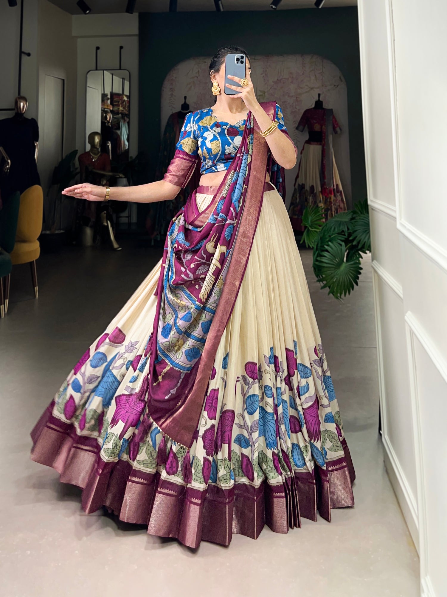 Off White Pure Dola Silk Floral Print Lehenga Choli
