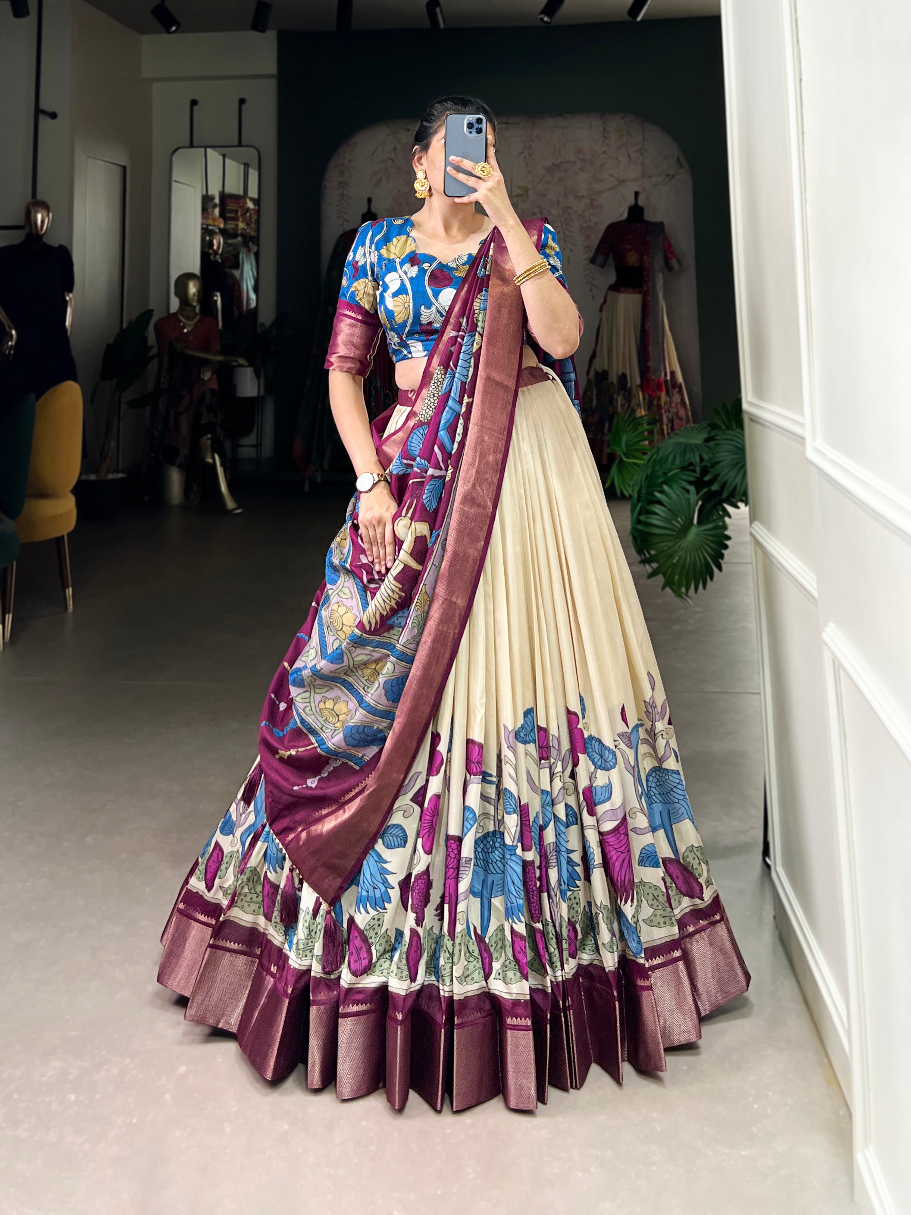 Off White Pure Dola Silk Floral Print Lehenga Choli