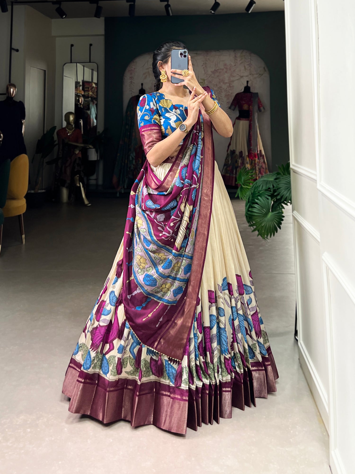 Off White Pure Dola Silk Floral Print Lehenga Choli