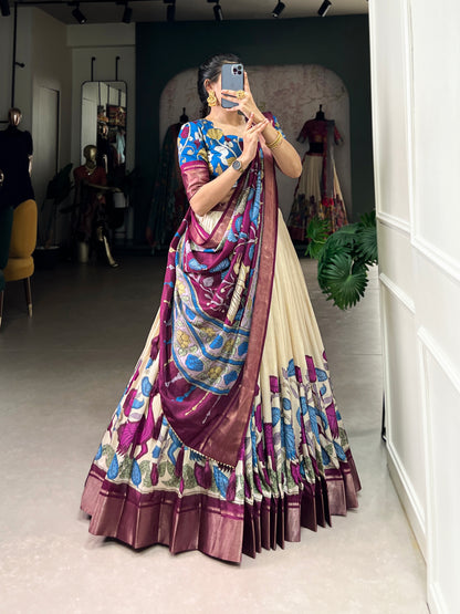 Off White Pure Dola Silk Floral Print Lehenga Choli