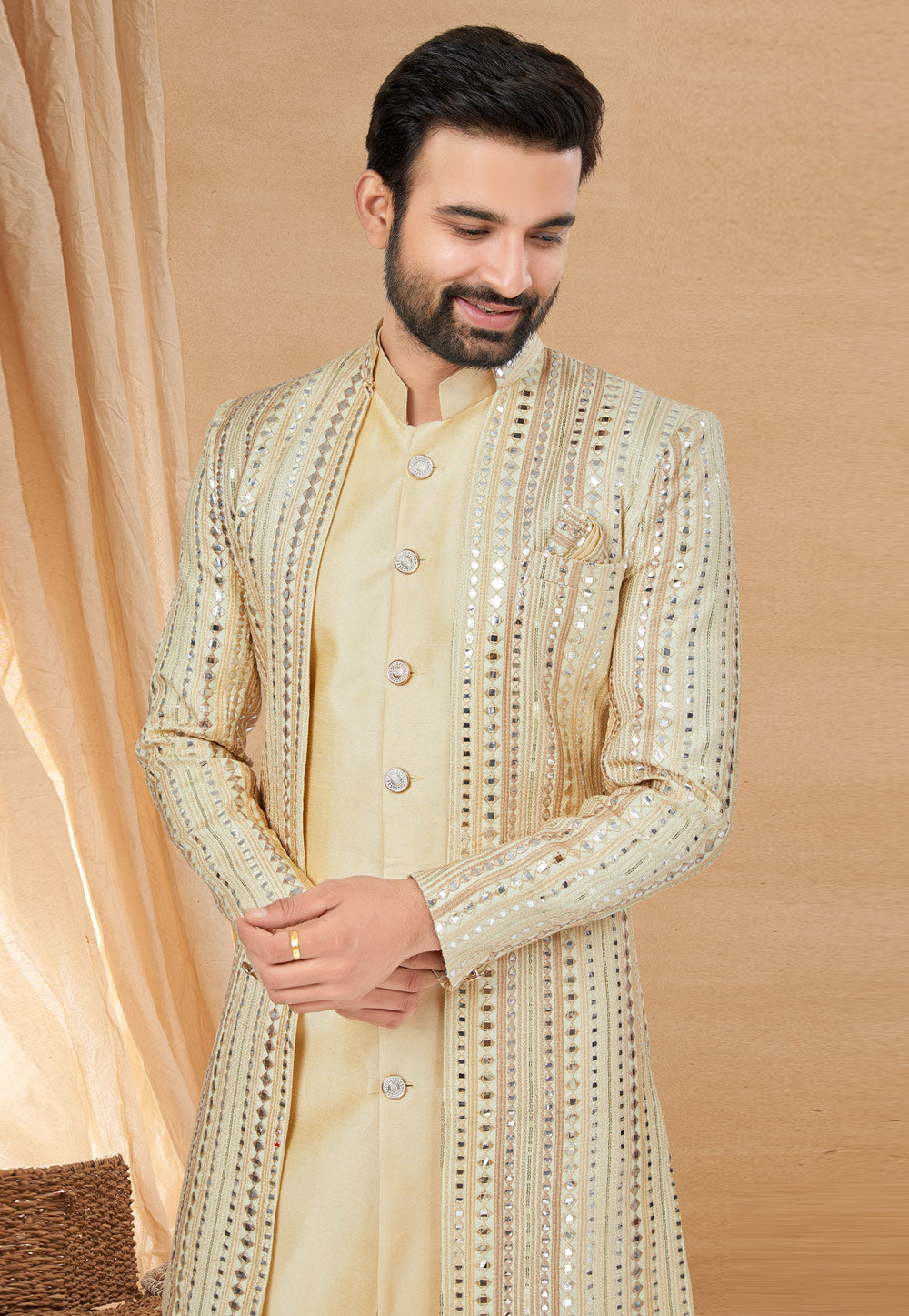 Cream Indo Western Jacket Kurta Set with Mirror &amp; Thread Embellishment