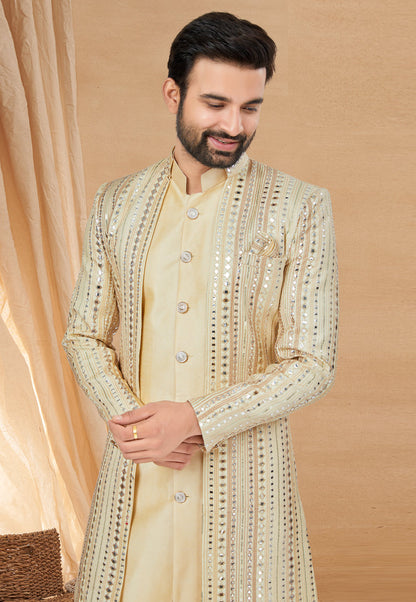 Cream Indo Western Jacket Kurta Set with Mirror &amp; Thread Embellishment