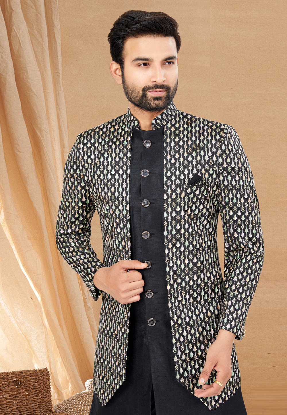 Grey Indo Western Jacket Kurta Set with Mirror and Thread Detailing