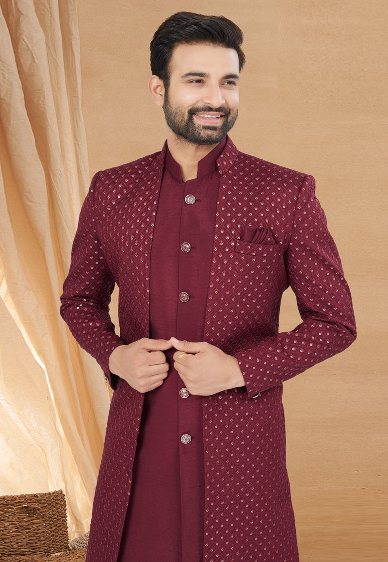 Maroon Indo Western Jacket Kurta Set with Royal Sequins Detailing