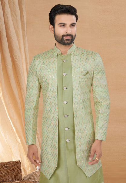 Light Green Indo Western Jacket Kurta Set with Mirror &amp; Sequins Work
