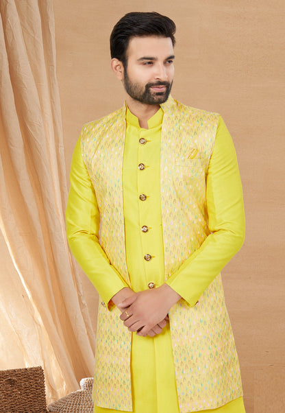 Yellow Indo Western Jacket Kurta Set with Mirror &amp; Sequins Work