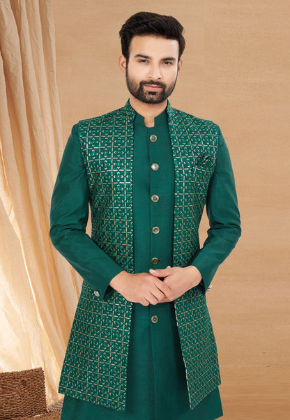 Dark Green Indo Western Jacket Kurta Set with Mirror &amp; Sequins Work