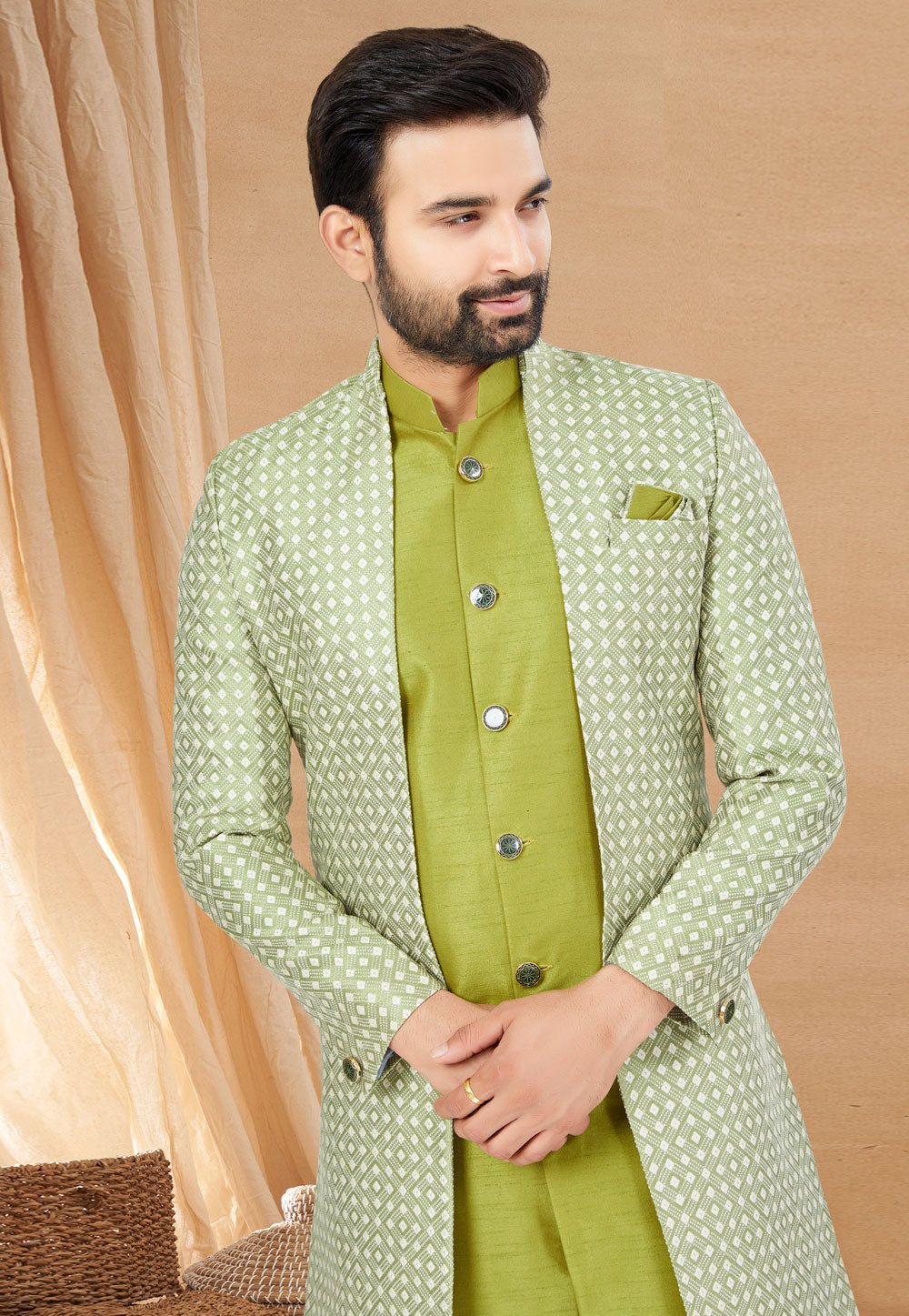 Lime Green Indo Western Jacket Kurta Set with Mirror &amp; Sequins Work