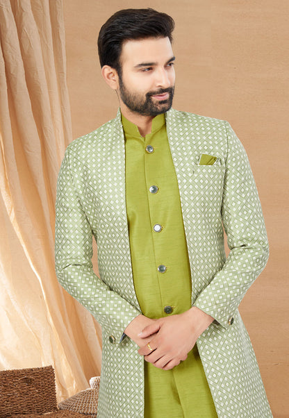 Lime Green Indo Western Jacket Kurta Set with Mirror &amp; Sequins Work