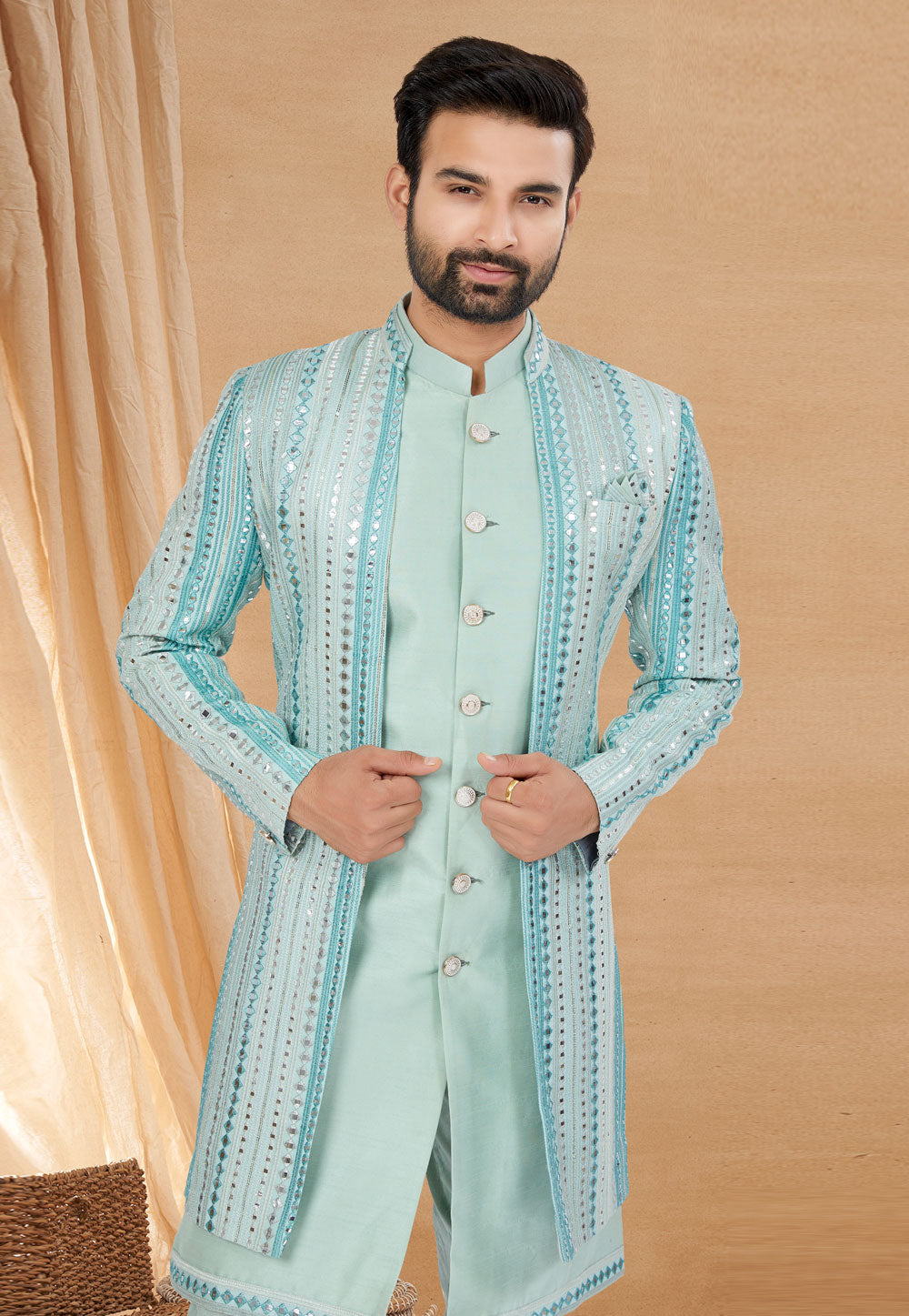 Sky Blue Indo Western Jacket Kurta Set with Mirror &amp; Sequins Work