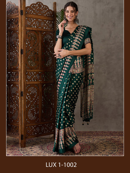 Green Pure Semi Modal Silk Floral Printed Saree 