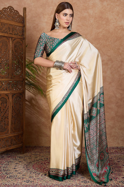 Cream and Green Pure Soft Modal Satin Ajrakh Print Satin Saree Japan Satin Saree Anant Tex Exports Pvt.Ltd..