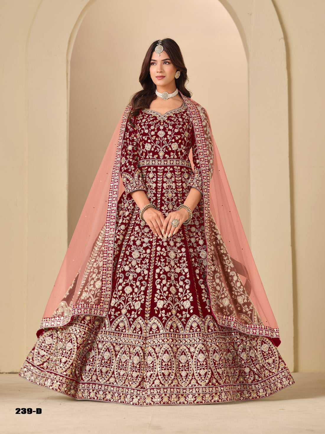 Red Pure Soft 9000 Velvet Heavy Embroidery Work Long Anarkali Gown 