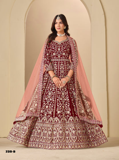 Red Pure Soft 9000 Velvet Heavy Embroidery Work Long Anarkali Gown 